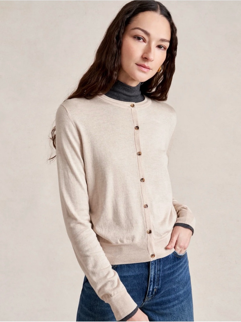Classic Crewneck Button-Front Sweater Cardigan in Cream